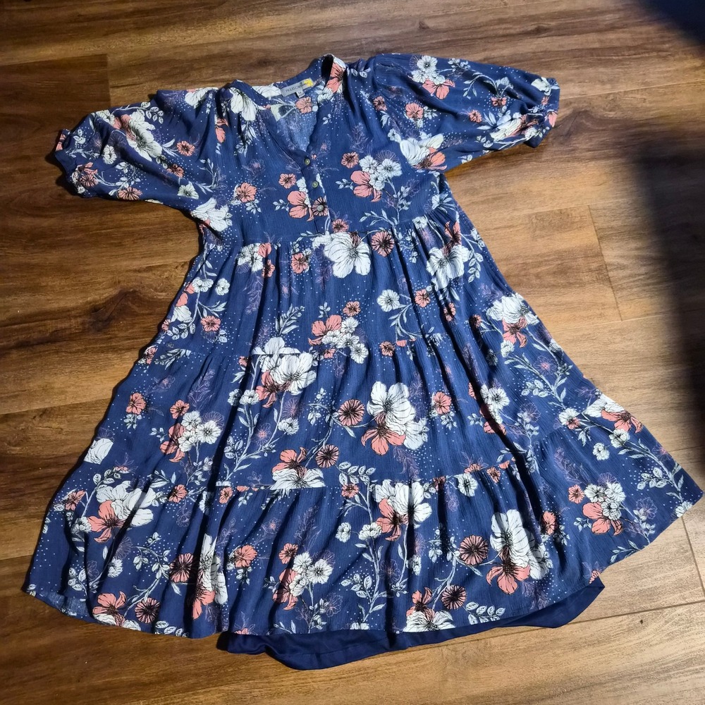 Figueroa & Flower Navy Blue Floral V-Neck Mini Dress Puff Sleeve Medium Prairie